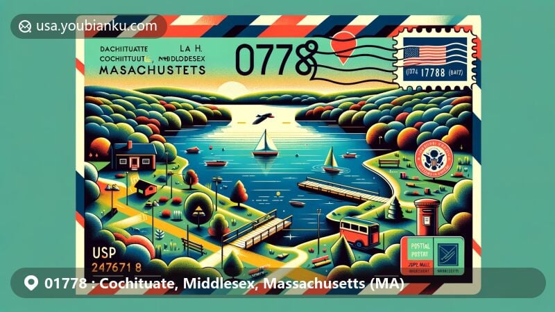 Modern illustration of Cochituate, Middlesex, Massachusetts (MA), featuring Cochituate State Park and Lake Cochituate, surrounded by lush greenery and recreational activities. Stylized airmail envelope with postal stamp displaying '01778' ZIP code and Massachusetts state symbols.