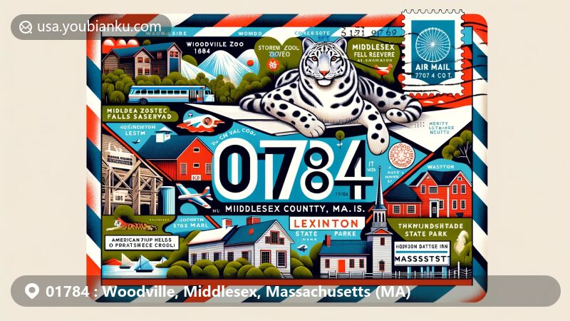 Modern illustration of Woodville, Middlesex County, Massachusetts, showcasing key landmarks like Stone Zoo with snow leopards, Louisa May Alcott's Orchard House, and Lexington Battle Green, blending postal theme with natural attractions.