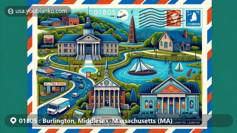 Modern illustration of Burlington, Massachusetts, showcasing landmarks and postal elements with ZIP code 01805, including historical sites, parks, and postal symbols.