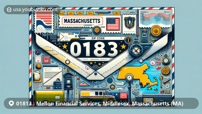 Modern illustration of 01813 ZIP code area in Massachusetts, featuring detailed postal envelope with state flag, Middlesex County outline, and postal elements like stamp, postmark, mailbox, and mail truck.