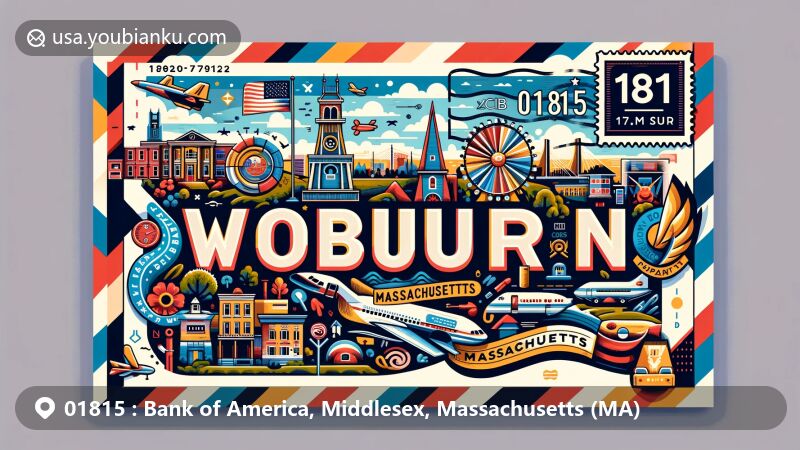 Modern illustration of Woburn, Massachusetts, showcasing postal theme with ZIP code 01815, featuring state symbols and iconic landmarks.