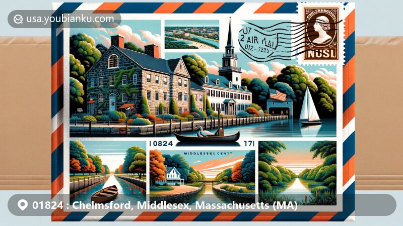 Modern illustration of Chelmsford, Middlesex County, Massachusetts, highlighting historic Garrison House, serene Heart Pond Beach, Chelmsford Center Historic District, and the iconic Middlesex Canal.