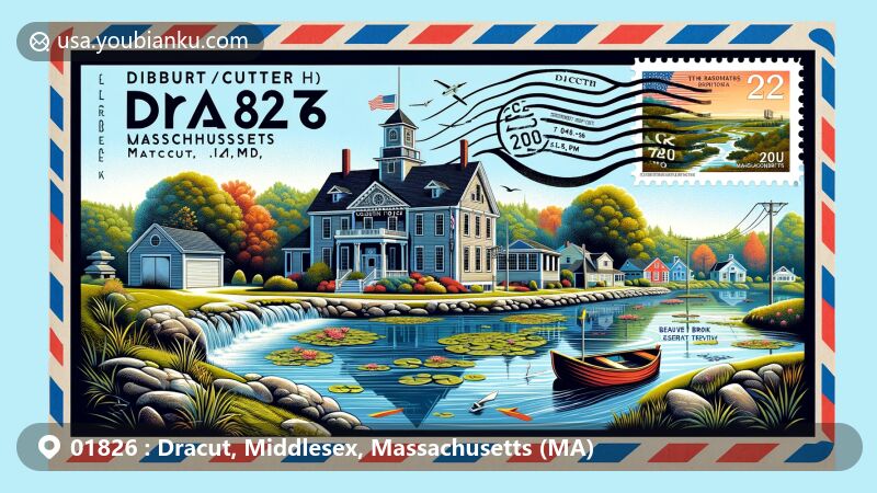 Modern illustration of Dracut, Massachusetts, showcasing ZIP code 01826 in an air mail envelope format, featuring Colburn/Cutter House, Beaver Brook Reservation, and scenic natural landscapes.