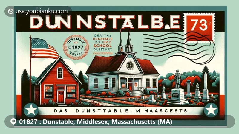 Illustration of Dunstable, Middlesex, Massachusetts (MA) showcasing Dunstable Rural Land Trust, Little Red School House, Dunstable Veterans Memorials, and Dunstable Center Historic District with postal elements like stamps, postmarks, and ZIP code 01827.