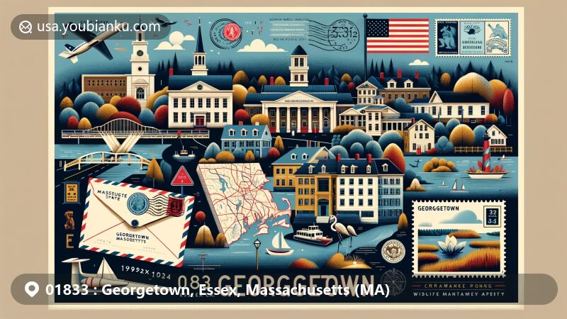 Modern illustration of Georgetown, Essex County, Massachusetts, featuring postal theme with ZIP code 01833, showcasing Georgetown Historical Society, Brocklebank Museum, and Crane Pond Wildlife Management Area.