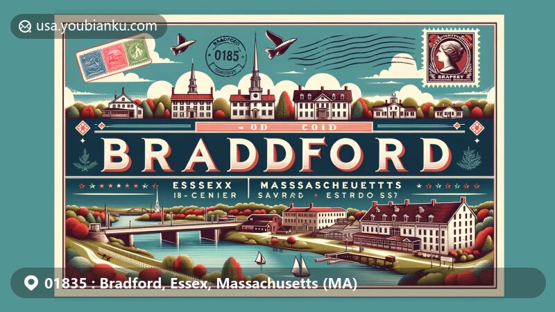Modern illustration of Bradford, Essex, Massachusetts, showcasing postal theme with ZIP code 01835, featuring Bradford Common Historic District and Merrimack River scenery.