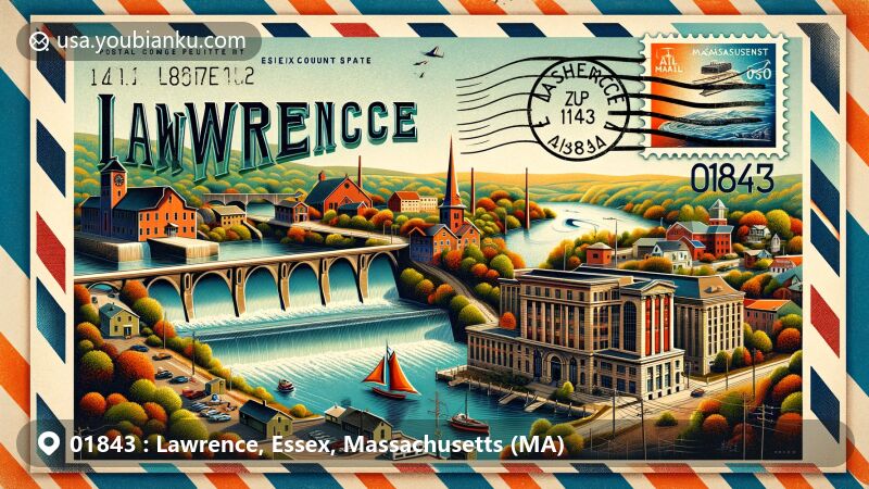 Modern illustration of Lawrence, Essex County, Massachusetts, featuring Great Stone Dam, Lawrence Heritage State Park, North Canal Historic District, and Lawrence Public Library, incorporating Massachusetts state flag and Merrimack River hints, with traditional postal elements and airmail border.