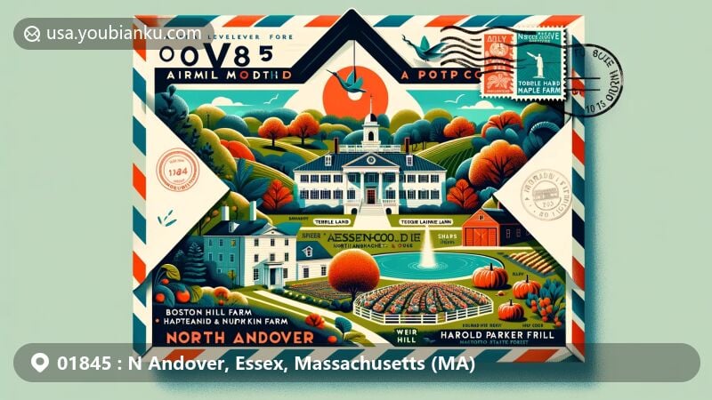 Modern illustration of North Andover, Massachusetts, capturing iconic landmarks and natural scenes with postal elements like stamps and postmarks, showcasing The Stevens-Coolidge Place, Turtle Lane Maple Farm, Smolak Farms, Boston Hill Farm, Osgood Hill, Harold Parker State Forest, and Weir Hill.