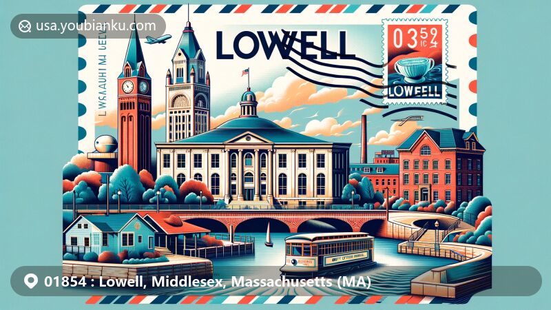 Modern illustration of Lowell, Massachusetts, featuring Lowell City Hall, Boott Cotton Mills Museum, canal system, streetcar museum, Kerouac Park, Whistler House Museum of Art, and postal theme with ZIP code 01854.