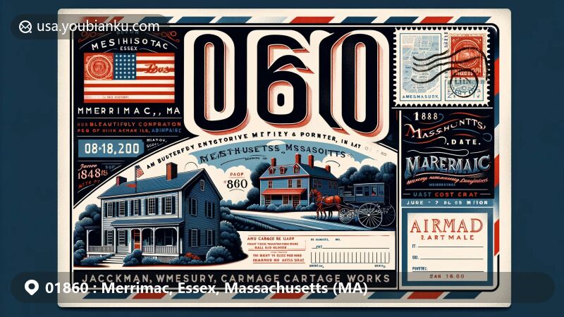 Modern illustration of Merrimac, Essex, Massachusetts, highlighting ZIP code 01860, featuring historic Jackman-Willett House, Amesbury Carriage Makers, and 1889 map of Merrimac with B&M Railroad Station and Merrimac Plating Works.