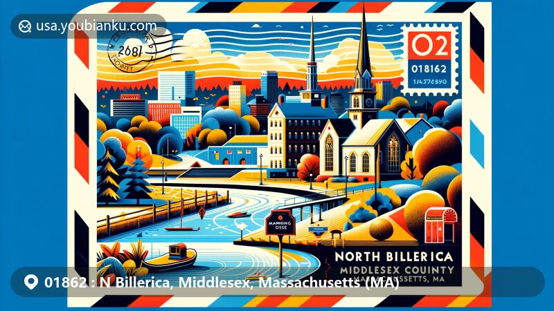 Modern illustration of N Billerica, Middlesex, Massachusetts, featuring landmarks and cultural elements like the Concord River, Manning Manse, and Chelmsford Forum. Stylized representation of natural beauty and postal theme with ZIP code 01862.