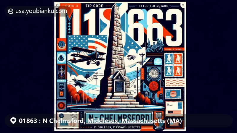 Modern illustration of N Chelmsford, Middlesex County, Massachusetts, with vibrant postcard design showcasing Vinal Square stone monument, commemorating local history and World War I soldiers, featuring postal elements and ZIP Code 01863.