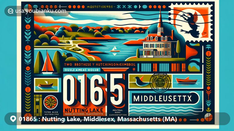 Modern illustration of Nutting Lake, Middlesex County, Massachusetts, showcasing iconic landmarks like Farley-Hutchinson-Kimball House and Two Brothers Rocks-Dudley Road Historic District, blended with vintage postal elements including 01865 ZIP code.