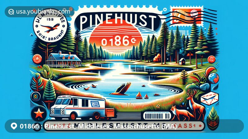 Modern illustration of Pinehurst, Middlesex County, Massachusetts, with postal theme featuring ZIP code 01866, showcasing Pinehurst State Park, Beaver Brook Farm, and local wildlife like deer and foxes.