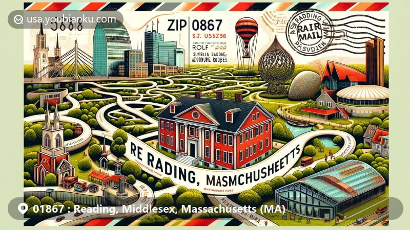 Modern illustration of Reading, Massachusetts showcasing postal theme with ZIP code 01867, featuring Reading Town Forest, Capt. Nathaniel Parker Red House, St. Athanasius Parish church, Meadow Brook Golf Club, Beanstalk Adventure Ropes Course, Sunbrella IMAX 3D Theater, and Brande House.