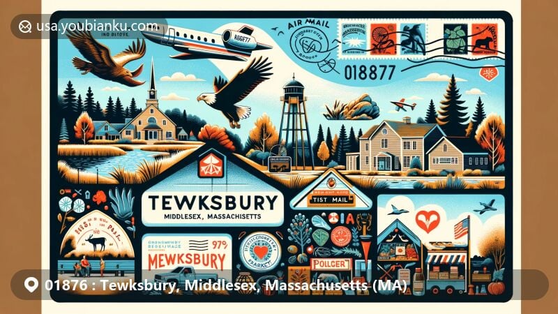 Creative air mail envelope or postcard design inspired by Tewksbury, Middlesex, Massachusetts with ZIP code 01876, showcasing landmarks like Public Health Museum, Haggetts Pond, Tewksbury Community Market, and Melvin G. Rogers Park, along with local wildlife and park scenery.