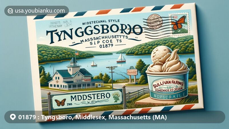 Modern illustration of Tyngsboro, Middlesex County, Massachusetts, showcasing postal theme with ZIP code 01879, featuring Mascuppic Lake and Sullivan Farms Homemade Ice Cream symbolism.