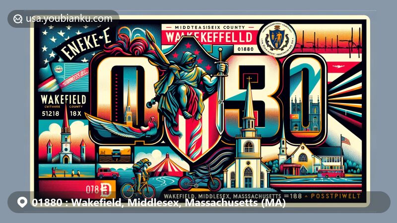 Modern illustration of Wakefield, Middlesex County, Massachusetts, featuring Saint Joseph's Church, Emmanuel Episcopal Church, and Wakefield BMX Arena, blending local landmarks with state symbols and postal elements.