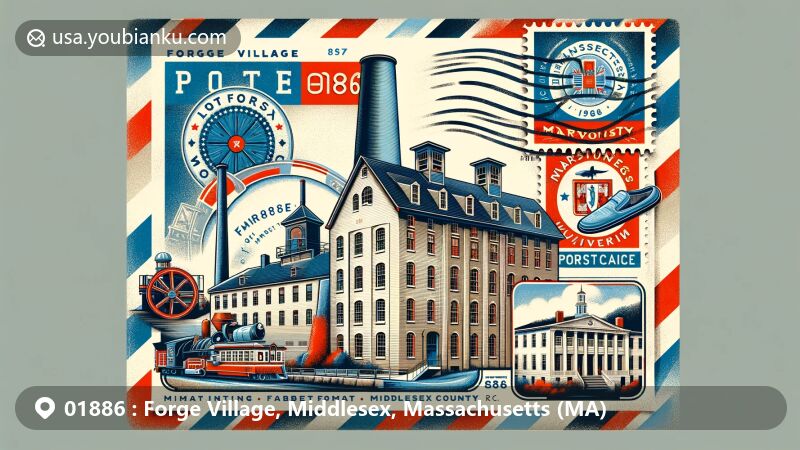 邮编01886，代表马萨诸塞州米德尔塞克斯县中的Forge Village，插图展示了历史悠久的阿博特毛纺厂、马萨诸塞州州旗、哈佛大学标志性建筑，以及具有航空邮件信封风格的邮政主题，突出当地工业遗产和文化特征。