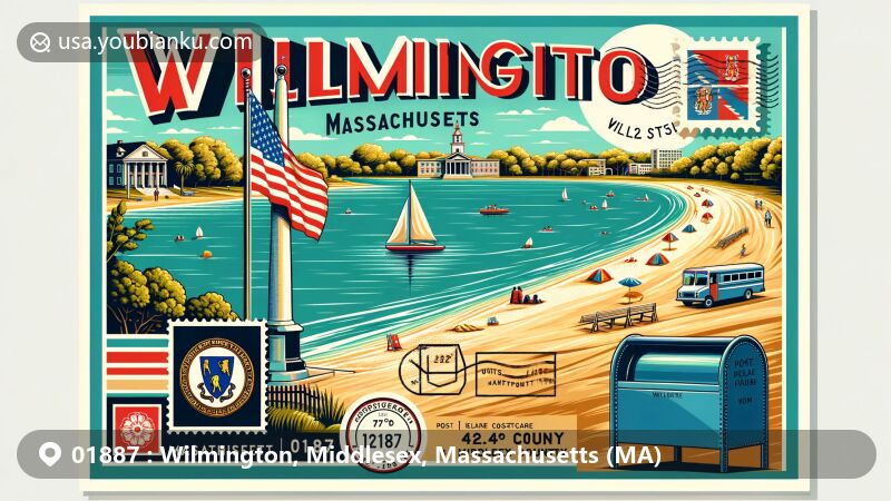 Modern illustration of Silver Lake and postal theme in Wilmington, Middlesex County, Massachusetts, showcasing ZIP code 01887, featuring Massachusetts state flag and coat of arms.