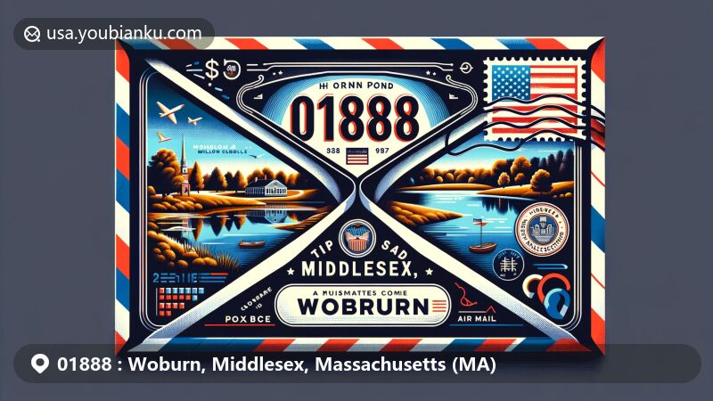 Modern illustration of Woburn, Middlesex, Massachusetts, representing ZIP code 01888 in the form of an air mail envelope, featuring Horn Pond, the Massachusetts state flag, and postal theme elements.
