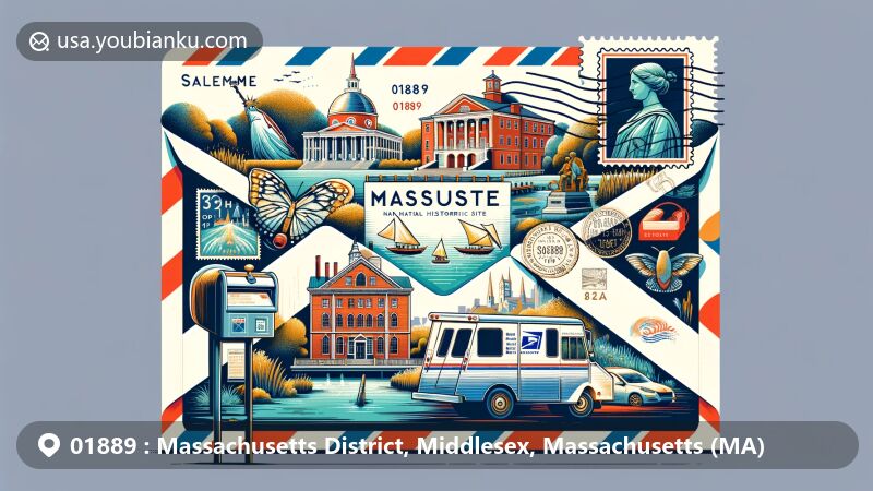 Modern illustration of Massachusetts landmarks with postal theme, featuring postal elements like mailbox and mail truck, emphasizing ZIP code 01889, showcasing Emily Dickinson Museum, Walden Pond, Salem Maritime National Historic Site, and Museum of Fine Arts.
