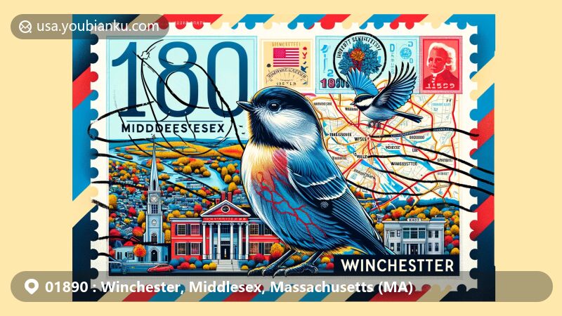 Modern illustration of Winchester, Middlesex, Massachusetts, showcasing postal theme with ZIP code 01890, featuring Winchester Cultural District, Winchester Center, and state symbols.