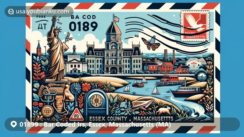 Modern illustration of Bar Coded Irs, Essex, Massachusetts, showcasing postal theme with ZIP code 01899, featuring cultural symbols of Essex County with American postal elements.