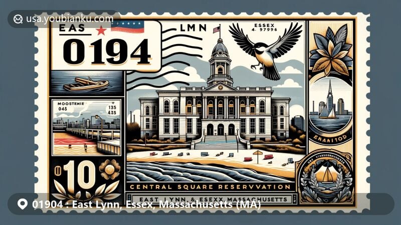 Modern illustration of East Lynn, Essex, Massachusetts, showcasing postal theme with ZIP code 01904, featuring Lynn City Hall and Lynn Shore Reservation, integrating Massachusetts state symbols of state flag and state bird.