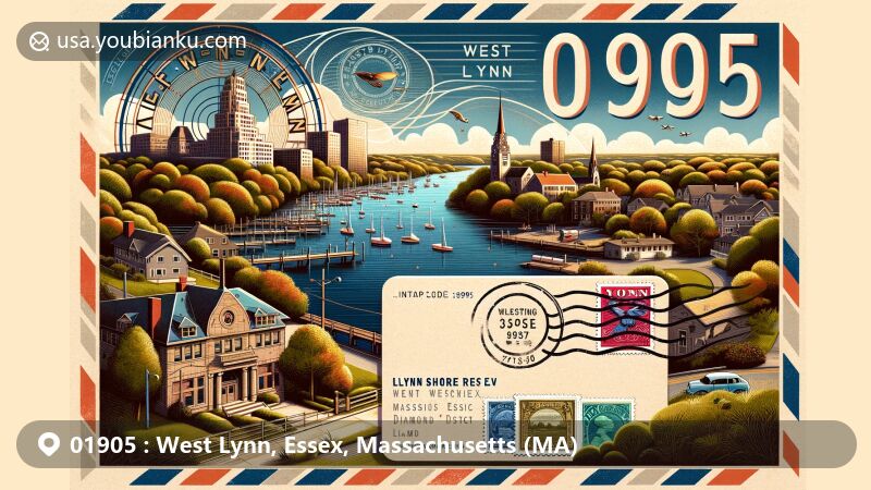 Modern illustration of West Lynn, Essex, Massachusetts (MA), depicting Lynn Shore Reservation, Lynn Woods Reservation, and Diamond Historic District, creatively integrated into a design resembling an airmail envelope or postcard, featuring vintage postage stamps, postal mark, and ZIP code 01905.