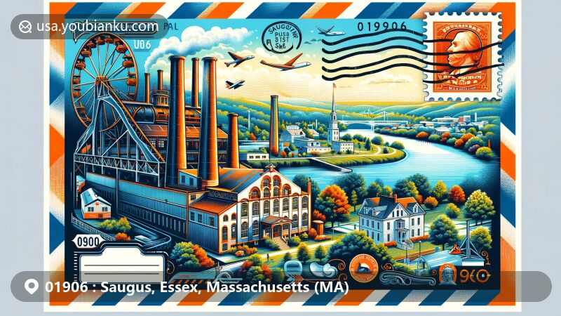 Illustration of Saugus, MA, showcasing Saugus Iron Works National Historic Site and Boardman House, with a backdrop of scenic views referencing Breakheart Reservation. Designed in a postcard style with postal elements and '01906' ZIP Code, featuring modern digital art style.