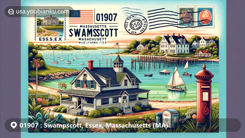 Modern illustration of Swampscott, Essex, Massachusetts, featuring historic landmarks like Swampscott Fish House and Elihu Thomson House, incorporated with vintage postal elements and showcasing the tranquil seaside community vibe.