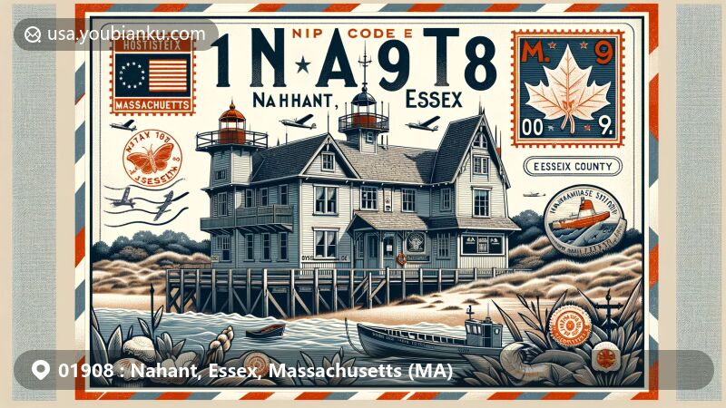 Modern illustration of Nahant Life-Saving Station in Essex County, Massachusetts, featuring vintage airmail envelope with ZIP code 01908, Mayflower and American elm state symbols.