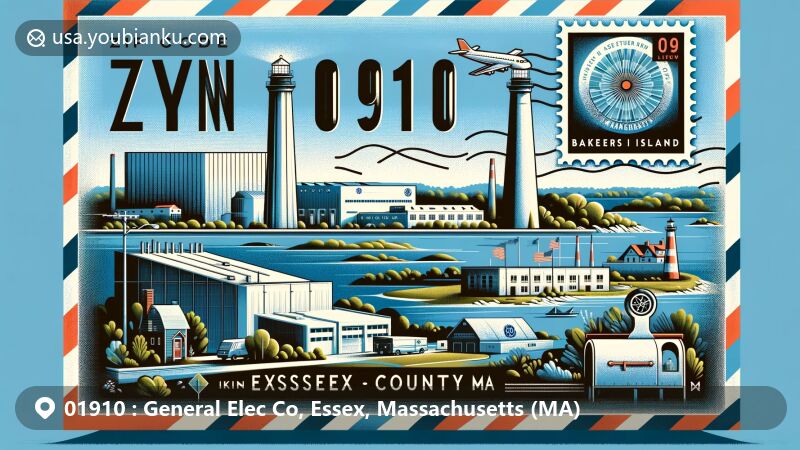 Modern illustration of Lynn, Essex County, Massachusetts, featuring postal theme with ZIP code 01910, showcasing GE Aerospace facility, Bakers Island Light Station, and Essex Coastal Scenic Byway.