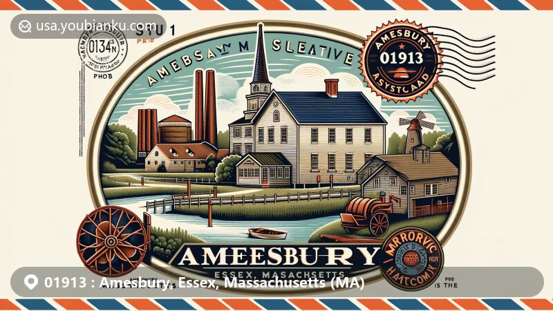 Modern illustration of Amesbury, Essex, Massachusetts, showcasing iconic landmarks like the Friends Meeting House and Merrimac Hat Company Mills, along with the scenic Powow River, vintage postal stamp, and carriage.