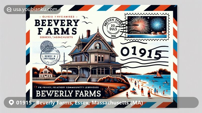 Modern illustration of Beverly Farms, Essex County, Massachusetts, highlighting historic Oliver Wendell Holmes House and community's private beach, West Beach, with people enjoying summer days, symbolizing vibrant community life, and fireworks in the sky representing annual July 4th celebration, featuring postal elements like stamps, 'Beverly Farms, MA 01915' postmark, and clear '01915' ZIP code.