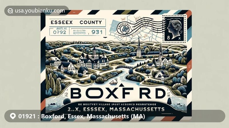 Modern illustration of Boxford, Essex County, Massachusetts, featuring notable landmarks like Kelsey Arboretum and historic buildings, showcasing natural beauty with forests, streams, and ponds, integrated with postal theme and ZIP Code 01921.