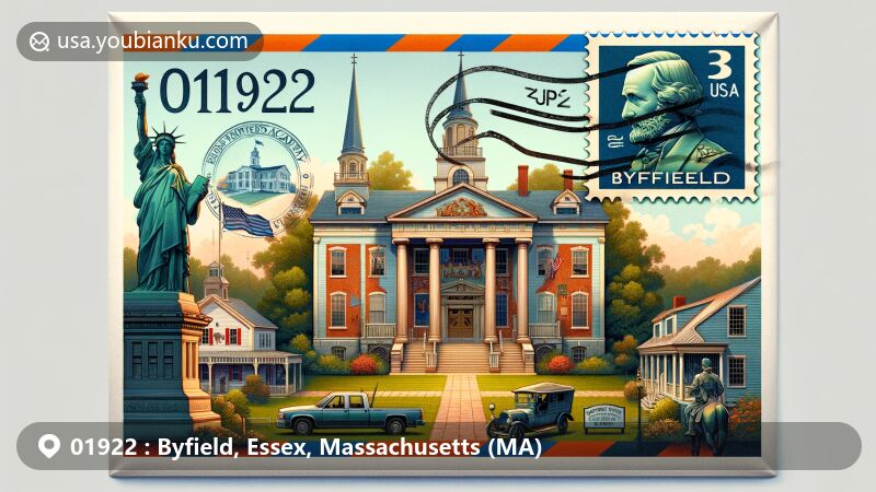 Modern illustration of Byfield, Essex County, Massachusetts, showcasing a landscape-oriented postal envelope featuring Governor's Academy, Civil War memorial statue, Newbury library stamp, and Massachusetts state symbols.