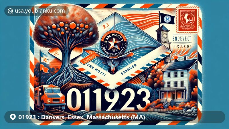 Modern illustration of Danvers, Essex, Massachusetts, capturing postal theme with ZIP code 01923, featuring landmarks like the Endicott Pear Tree and Rebecca Nurse Homestead, intertwined with the Massachusetts state flag.