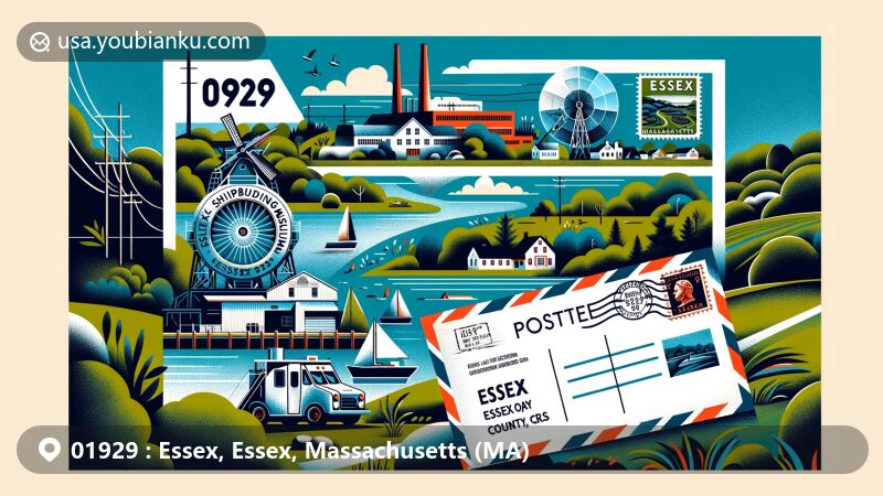 Modern illustration of Essex, Essex County, Massachusetts, showcasing Essex shipbuilding museum, picturesque Essex River, Millstone Hill conservation area, and Crane wildlife sanctuary, reflecting town's natural beauty and outdoor attractions.