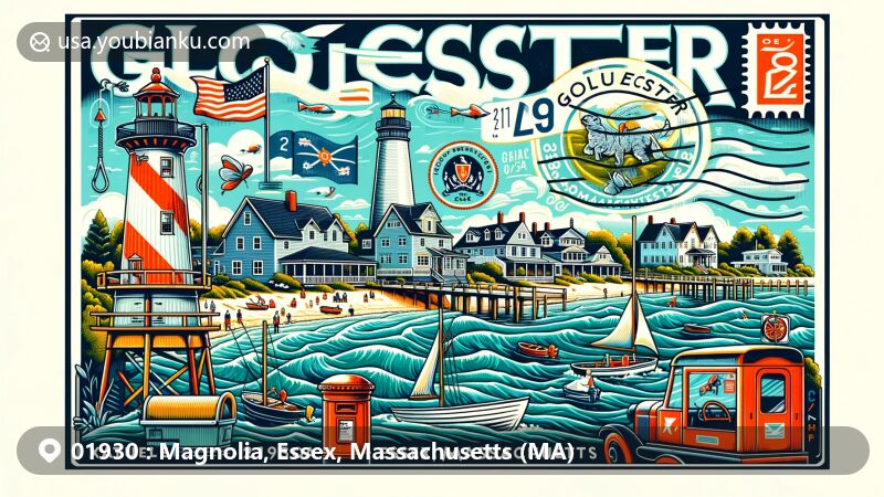 Modern illustration of Magnolia, Essex County, Massachusetts, depicting Kettle Cove and Surf Park, blending Gloucester's fisherman heritage, Massachusetts state symbols, and postal elements with ZIP code 01930.