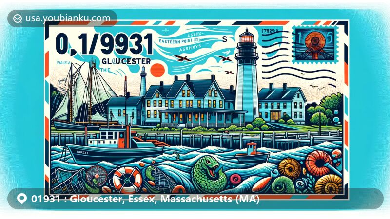 Modern illustration of Gloucester, Essex, Massachusetts, highlighting ZIP code 01931, featuring landmarks like Fishermen's Memorial Monument, Eastern Point Lighthouse, and Hammond Castle Museum, along with vibrant maritime culture elements.