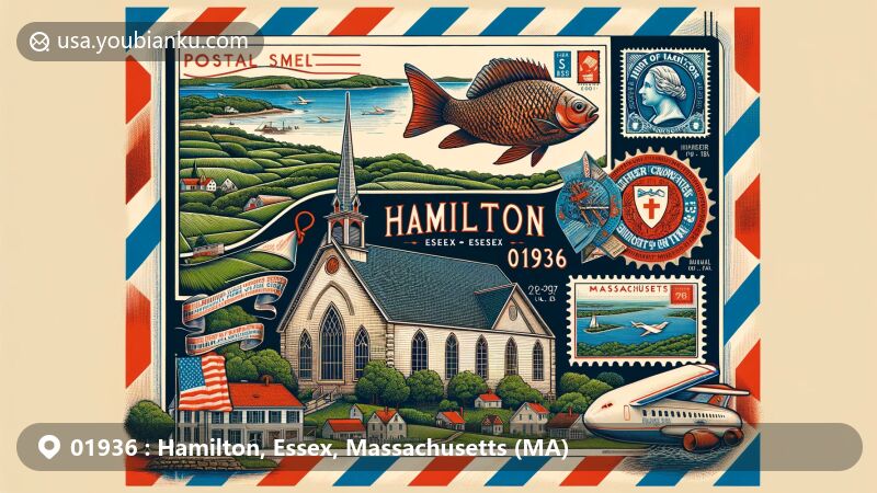 Modern illustration of Hamilton, Essex, Massachusetts (MA), showcasing historical First Congregational Church, natural landscape, and Massachusetts state symbols, with vintage postal elements like ZIP code 01936 stamp and air mail envelope.