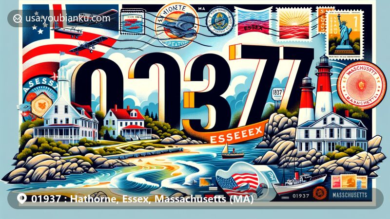 现代插图呈现了马萨诸塞州哈索恩(Hathorne)、埃塞克斯县(Essex)邮政编码01937的景象，融合了当地和州级元素，展示了马萨诸塞州海岸线的风光、'01937'邮政编码和马萨诸塞州的标志。