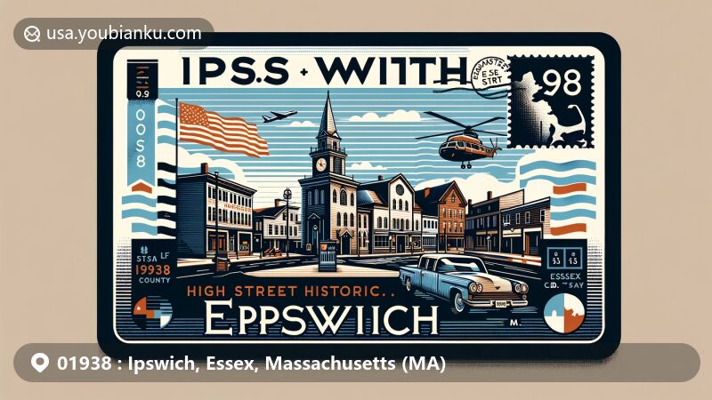 Modern illustration of High Street Historic District in Ipswich, Essex County, Massachusetts, showcasing rich history and architectural charm, featuring state flag and ZIP code 01938.