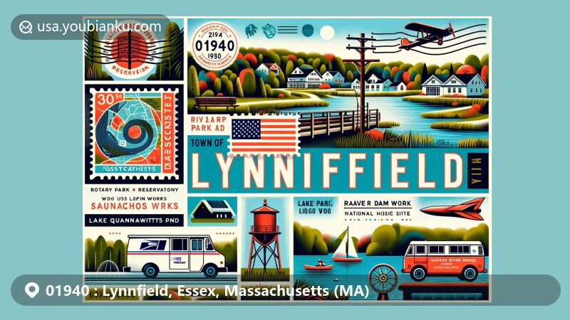Modern illustration of Lynnfield, Massachusetts, showcasing postal theme with ZIP code 01940, featuring Lynn Woods Reservation, Rotary Park, Beaver Dam Brook Reservation, Lake Quannapowitt, Saugus Iron Works National Historic Site.