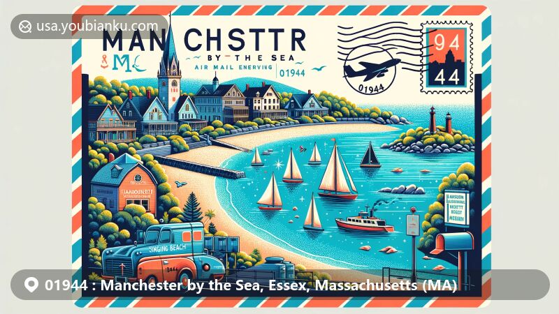 Modern illustration of Manchester by the Sea, Essex County, Massachusetts, showcasing postal theme with ZIP code 01944, featuring Singing Beach, Manchester Harbor sailboats, Coolidge Reservation, Misery Islands, and Hammond Castle Museum.