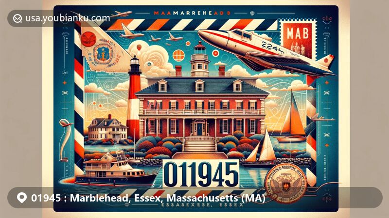 Modern illustration of Marblehead, Essex, Massachusetts, showcasing postal theme with ZIP code 01945, featuring Jeremiah Lee Mansion and Marblehead Lighthouse.