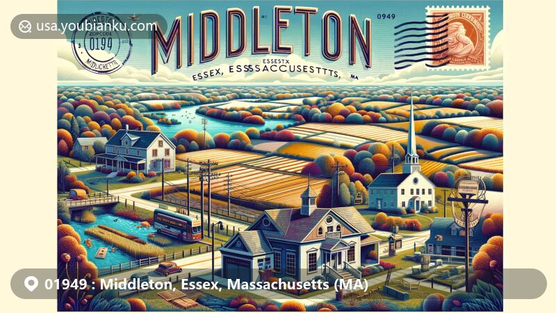 Modern illustration of Middleton, Essex, Massachusetts, showcasing postcard theme with ZIP code 01949, featuring countryside scenery including agricultural heritage, Ipswich River, and local forests, as well as artistic and historical elements like vintage post office.