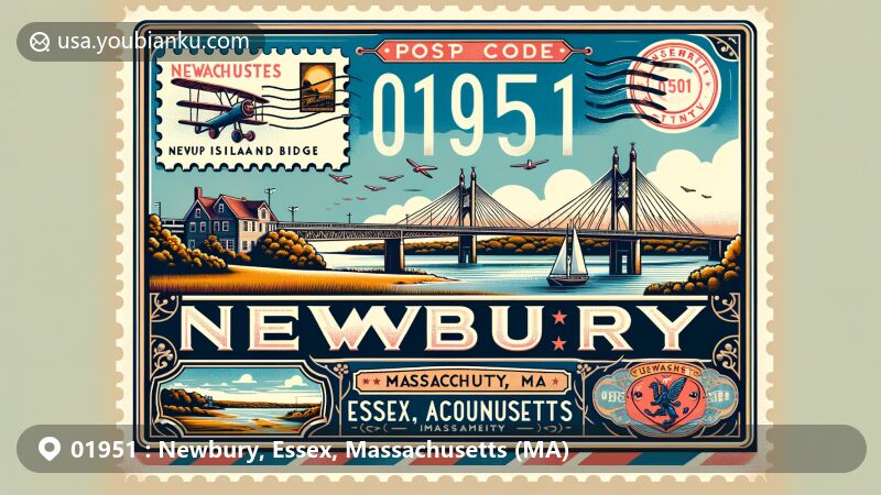 Modern illustration of Newbury, Essex County, Massachusetts, showcasing postal theme with ZIP code 01951, featuring Plum Island Bridge and Massachusetts state flag.